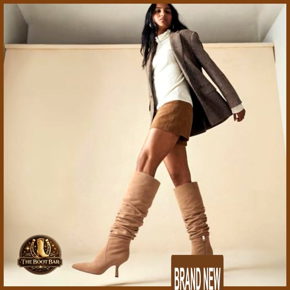 Knee High Boots Wide Calf Slouchy Tall Kitten Heel Pointed Toe Side Zipper - Picture 3 of 7